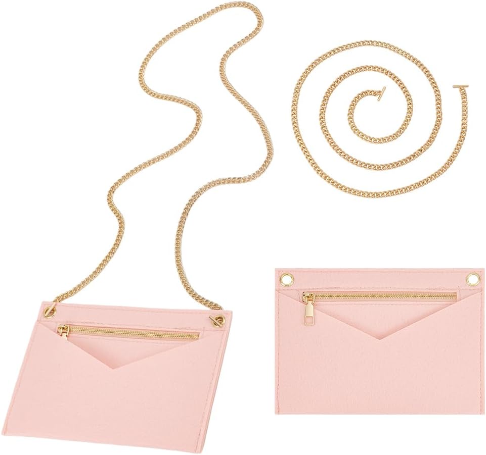 WADORN 1 Set Purse Felt Insert Organizer with Gold Chain, 6.2 x 8.6 Inch Felt Handbag Insert Liner with Eyelet for Purse Organizer Conversion Kit Shoulder Crossbody Bag Convert Accessories, Pink