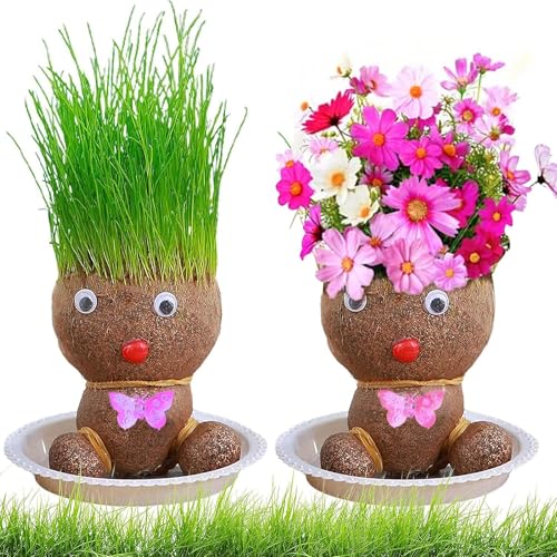 GmwyCzV 2 peças planta de boneca com cabeça de erva, plantas de mesa de crescimento com bandeja, vaso de cabeça de boneca, vasos de plantas para crianças, presentes de crescimento para crianças