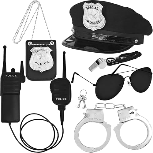 Zddaoole Police Costume Accessories Policeman Hat Handcuffs Badge Walkie Talkies Whistle Sunglass for Police Officer Theater Dress Up Theme Party, Halloween costume Accessories