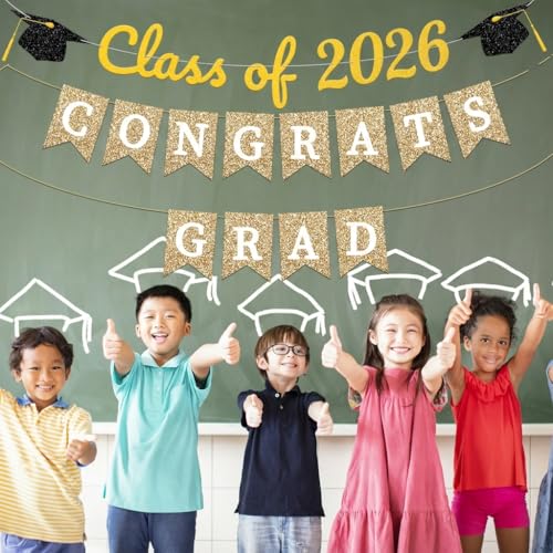 Image of 2026 Graduation Banner,Congrats Grad and Class of 2026 Cap Banner Set White Gold Black Glitter Grad Decorations for Senior 2026 Party, Graduation Sign Party Backdrop Supplies
