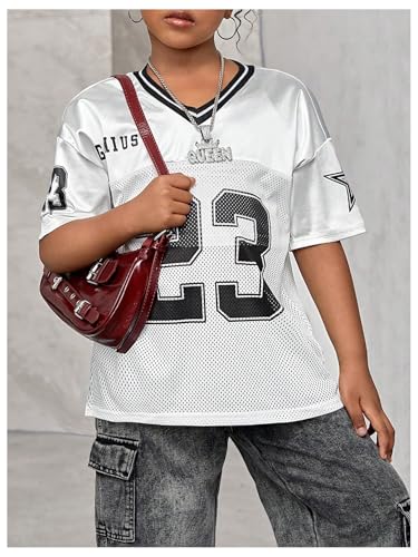 Image of WDIRARA Girl's Number Graphic Jersey Shirts Short Sleeve V Neck Tees Oversized T-Shirt Tops