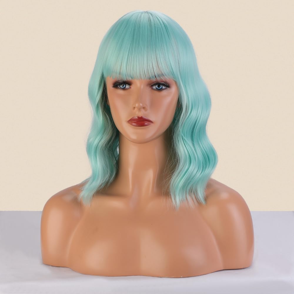 Greenmirr Short Mint Green Bob Wavy Wigs with Fringe Heat Resistant Synthetic Hair 14 Inches, 21 cm - Image 3