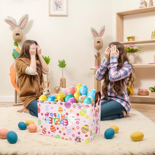 Image of Pink Easter Basket for Kid Large Empty Baby Rectangular Cute Easter Gift Storage Basket Bunny Eggs Decor (Pink Rabbit Flower)