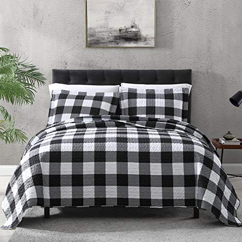 EXQ Home Quilt Set King Size 3 Piece,Lightweight Microfiber Coverlet Modern Style Black and White Squares Pattern Bedspread Set(1 Quilt,2 Pillow Shams)