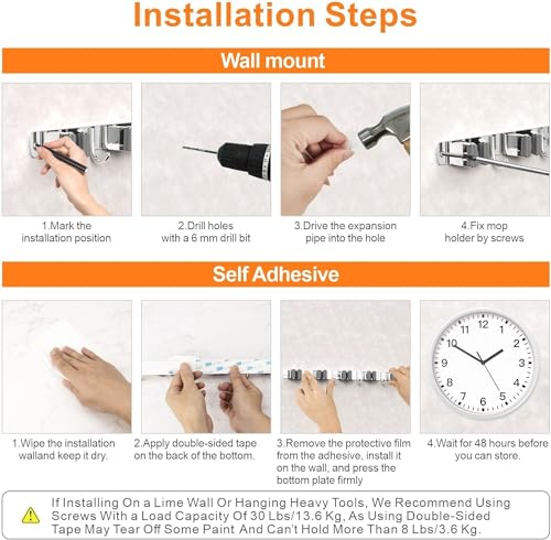 Image of Enclave Stainless Steel Mop and Broom Holder Wall Mounted Adhesive Storage Solutions for Broom mop etc, Garage Storage Systems Broom Organizer. (4 RACK 5 HOOK /SILVER, PACK OF 2)