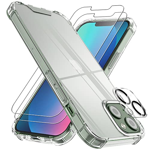4youquality (4-in-1 Case for iPhone 13 Mini Case with [2-Pack Tempered Glass Screen Protectors + 1-Pack Camera Lens Protector], Airbag Protection, Transparent Clear Phone Case for iPhone 13 Mini
