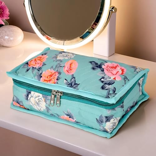 Image of Kuber Industries Flower Printed Portable Cotton Jewellery Organizer /Case /Bag With 6 Transparent Pockets (Green)