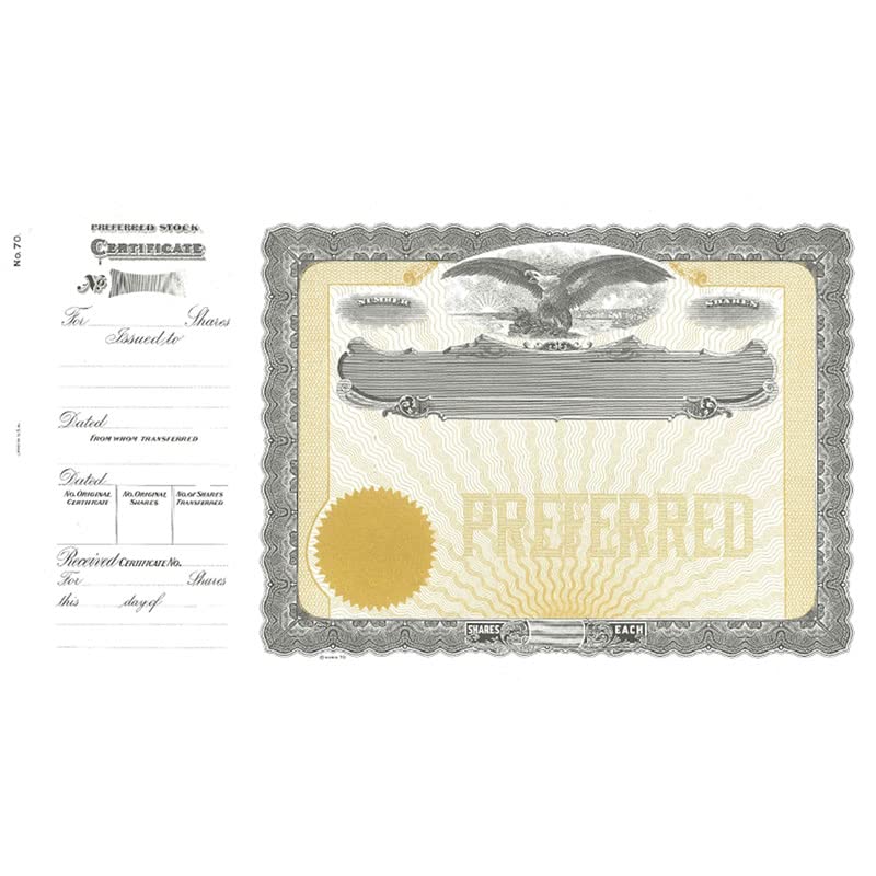 Goes 70 Preferred Blank Stock Certificate, Company Stock Certificate, Size 8-1/2" x 15", Printable, Laser or Ink Jet Compatiable (Pack of 25)
