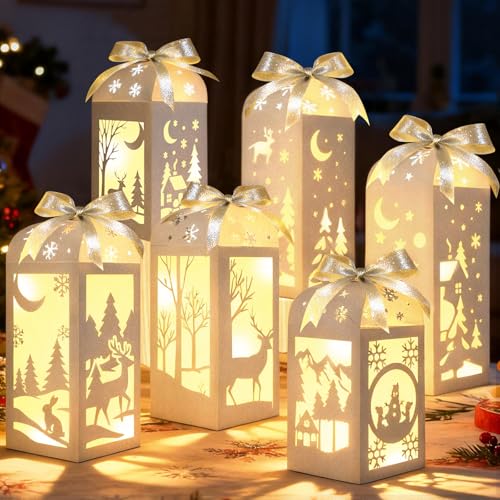 OuMuaMua Winter Christmas Centerpiece Table Decorations, 6Pcs Light Up Snowman Deer Decorative Paper Lanterns Glitter Table Centerpiece Boxes for Winter Wonderland Christmas Holiday Party Home Decor