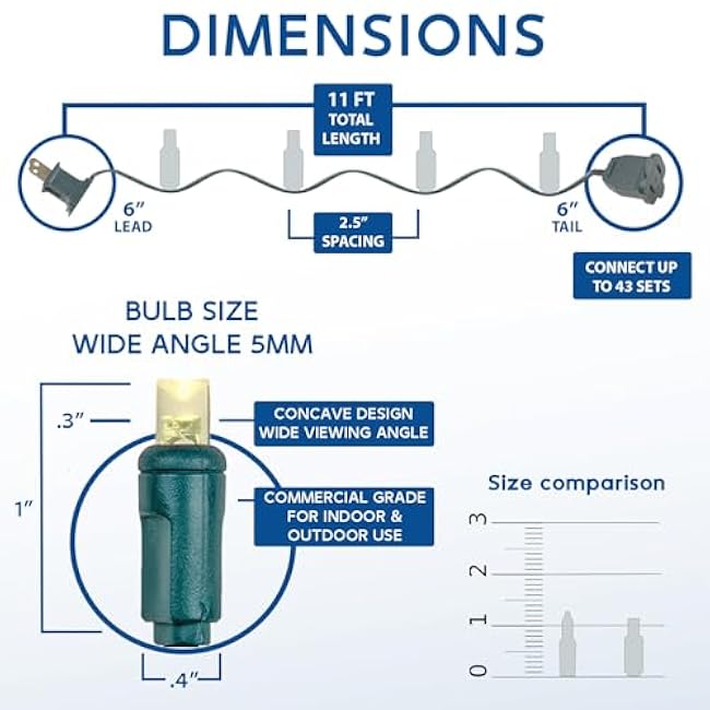 Novelty Lights 11ft 50 LED Amber Christmas Lights Outdoor/Indoor, 2.5 Spacing, Green Wire String Lights for Festive Xmas Lighting, IP55, UL Listed, Dimmable, Connectable