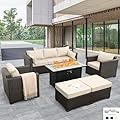 Patio Furniture Set 6-Piece Outdoor Furniture Set with 45'' Propane Gas Fire Pit Table Outdoor Conversation Set Wicker Sofa Set Non-Slip Cushions Waterproof Covers, Khaki