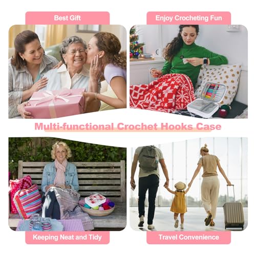 Image of Katech Crochet Hooks Case Empty Zipper Bags Portable Travel Crochet Storage Bag Organizer with Web Pocket and Crochet Holder Slots for Carrying Various Crochets Needles (Pink)