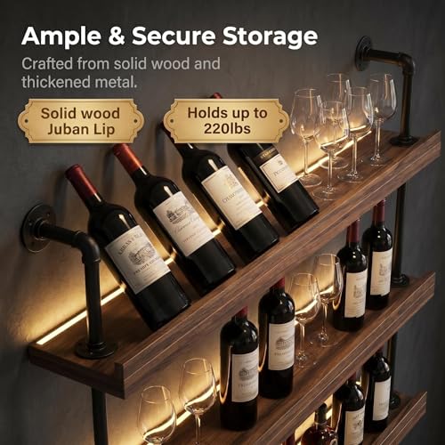 Image of HOUSESET 36 /48 /60 /72 /84in Wine Wall Rack with Led Lights, 3-Tiers Modern Pipe Liquor Bottle Display Shelf, Bar Shelves Wall Mounted for Commercial Bar, Restaurant, Home