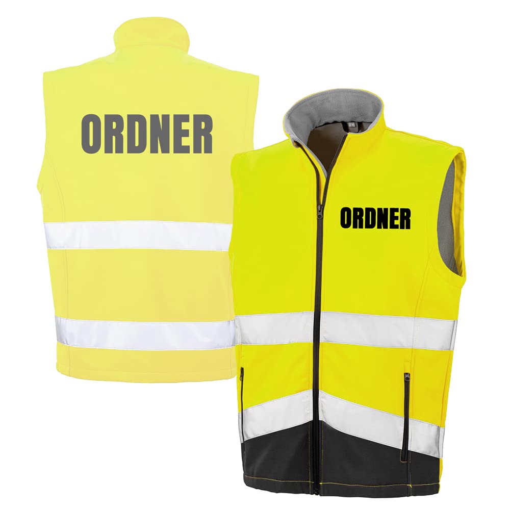 ORDNER Sicherheitsweste GELB aus Softshell - Gelb Warnweste nach EN ISO 20471 zertifiziert - Unisex und hochwertigem Reflektorstreifen