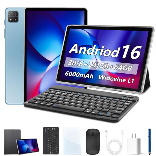 Image of 10.1 inch Android 16 Tablet with Keyboard, 30GB +64GB, 2-in-1 Tablet | Octa-Core, 1280x800 IPS HD Touchscreen, 6000mAh, 1TB Expand, Dual Camera, Widevine L1, 5G WiFi, BT5.0, GPS, Eye Care, Blue