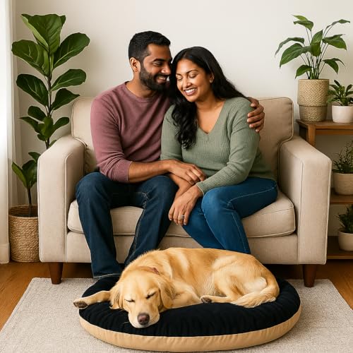 Image of The Pets Company Calming Dog & Cat Bed | Soft Fluffy Donut Reversible, Washable Pet Bed for Puppies | Cozy Plush Anti-Anxiety Cushion |, (L-34 Inch x B-34 Inch x H-5.5 Inch), Black & Beige-Large