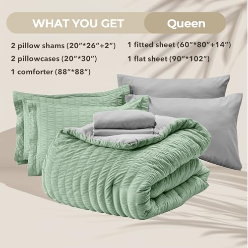 Image of HYMOKEGE Sage Green /Light Grey Queen Comforter Set Seersucker 7 Pieces, All Season Luxury Bed in a Bag Queen for Bedroom, Bedding Set with Comforter, Sheets, Pillowcases & Shams