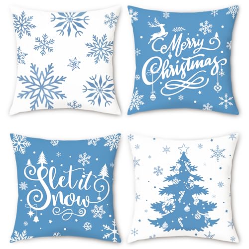Bonhause 4er Set Kissenbezüge Weihnachten Blau Weihnachtsbaum...