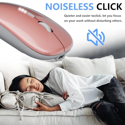 Image of QIJIAYI Slim Rechargeable Wireless Silent Mouse - 2.4G Wireless & Bluetooth Technology - Flexible Connection Modes via Bluetooth, USB or Type C for Laptop /PC /Mac /iPad /Computer (Rose Gold)