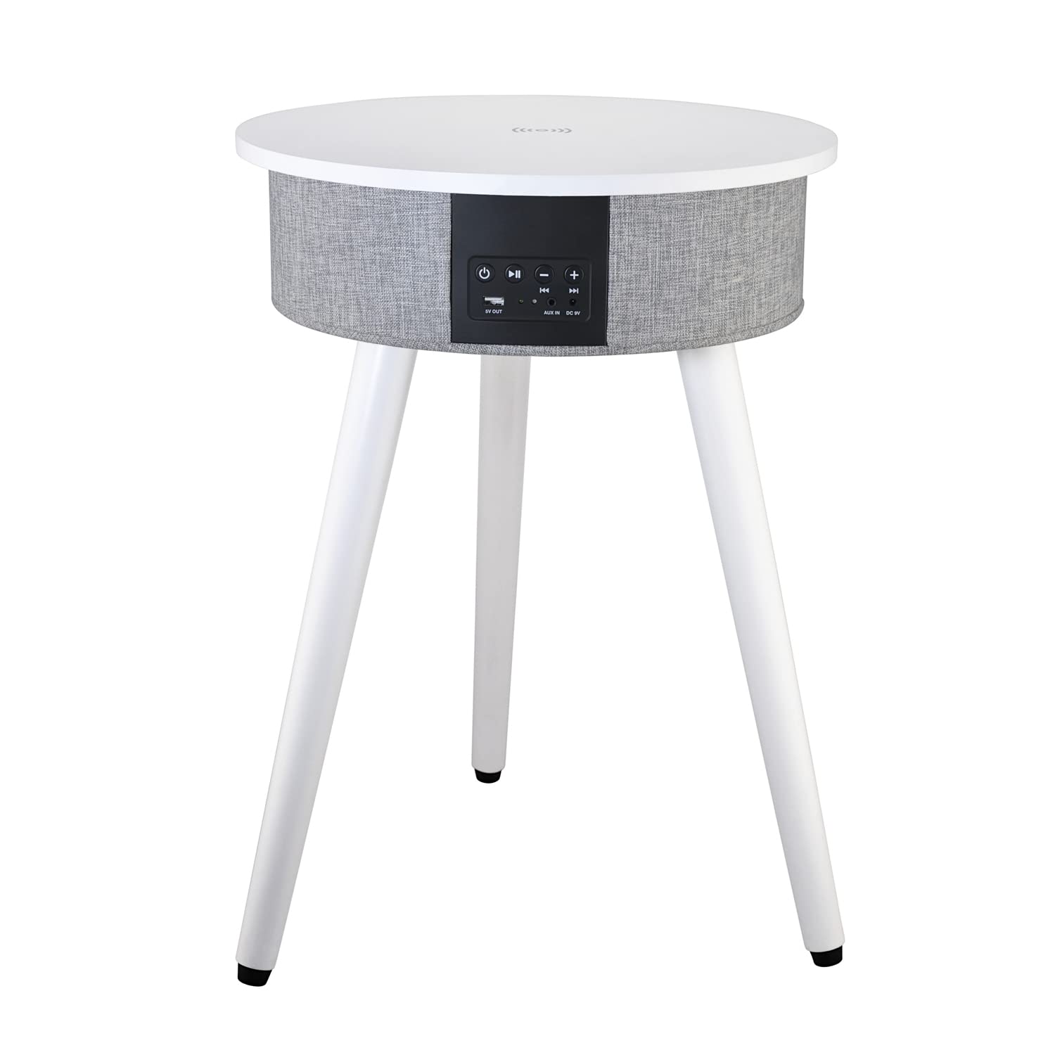 AIC - Mesa Altavoz Bluetooth Madera de 15W con Base de Carga inalámbrica Qi y USB, Mesa Auxiliar Inteligente Portátil, Batería de 2600 mAh, Entrada AUX de 3.5 mm, BTT1 Color Blanco