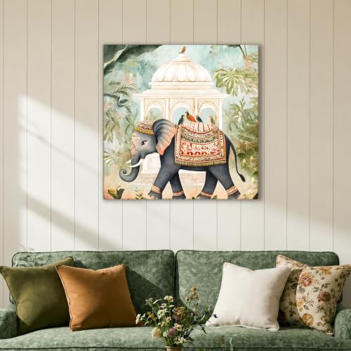 Image of PAINTINGMANTRA Classic Indian art Of Elephant in Mughal Garden | Canvas Painting Stretched on Wood | Suits For Living Room, Bedroom, Hallways (22x22 Inch)