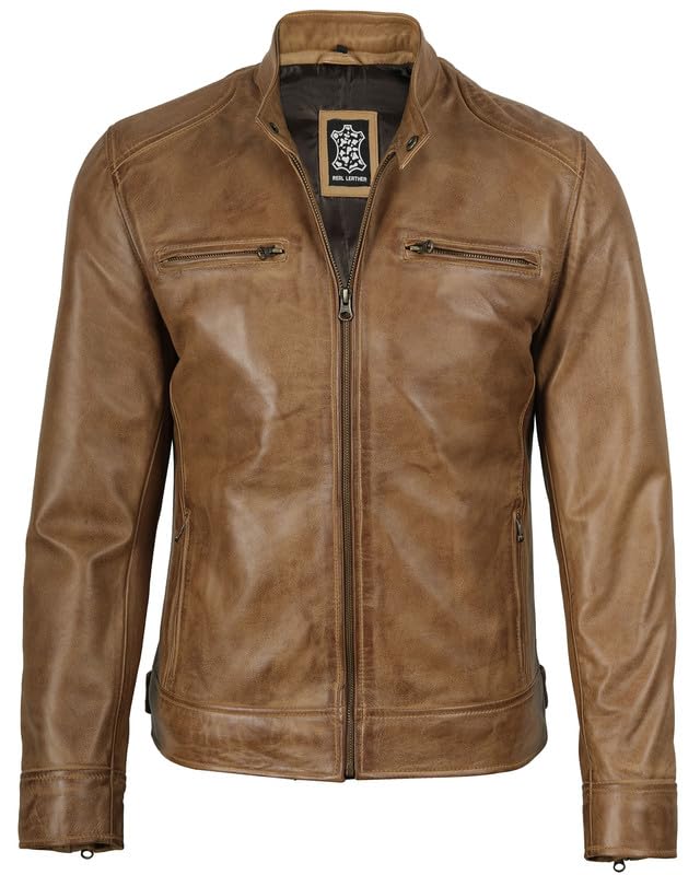 Image of Blingsoul Leather Jacket Men - Real Lambskin Cafe Racer Motorcycle Style Jacket for Mens