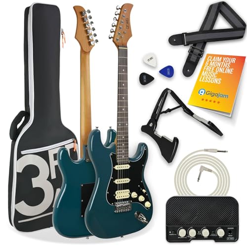 3rd Avenue Stateside Kit definitivo de guitarra eléctrica 4/4 de tamaño completo de con amplificador de 5 W, cable, soporte, funda acolchada, correa, púas, LECCIONES GRATUITAS - Delta Blue