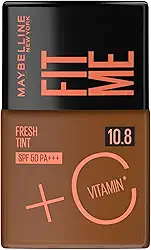 Maybelline NY Fit Me Fresh Tint Base Líquida, Proporciona Efeito Glow Natural, Controla a Oleosidade e Uniformiza a Pele com Vitamina C e FPS 50, Cor 10.8, 30ml