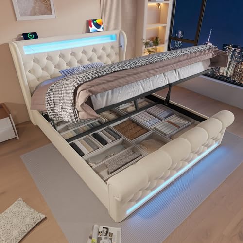 Ktipm Cama 160x200 cm Camas Matrimoniales con USB C y Luz LED, Cama Matrimonio Tapizada con Almacenamiento Hidráulico y Listones de Madera, Camas Doble, Terciopelo, Sin Colchón, Beige