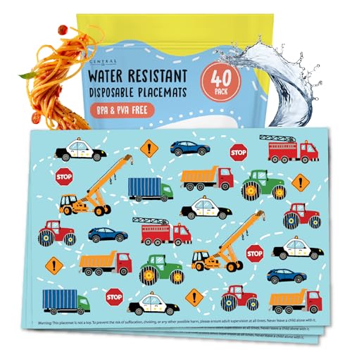 Image of Disposable Placemats for Baby - Pack of 40 Disposable Table Mats for Babies - Toddler Travel Essentials - Vehicles - Restaurant Table Mat Stick On - High Chair Cover - Central 23