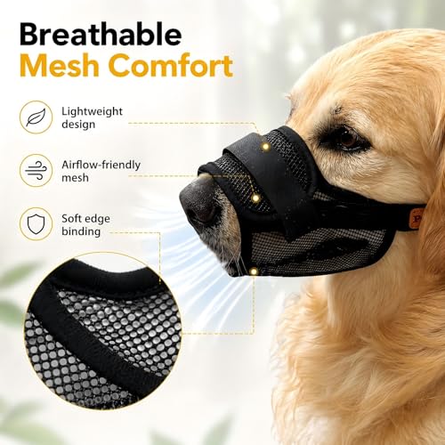 Image of Dog Muzzle, Breathable Mesh for Grooming & Nail Care, Black, L | Adjustable head and snout straps, quick-release buckle, soft padded edges