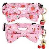 Gelwoo 2 Pack Breakaway Cat Collar with Removable Bow Tie and Bell for Boy Girl Cats,Cute Cotton Kitten Collar with Purple Lavender and Red Flower Pattern for Female Male Cats (Cherry&Strawberry)