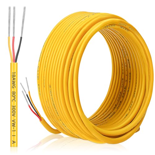 18 Gauge 3 Conductor Electrical Wire, 50FT/15M yellow Thermostat Wire, PVC Stranded Tinned Copper 3Wire Cable, Flexible Extension Cord