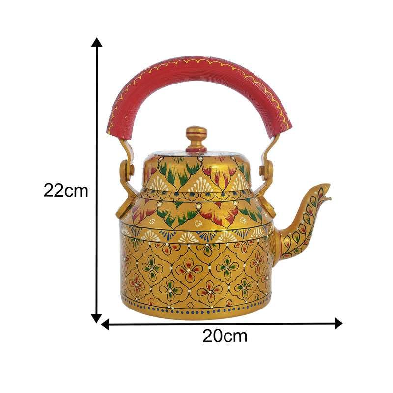Image of Handpainted Alluminium Tea Kettle with Four Glasses and Wooden Tray for Home Dcor Tea Party Serving -02