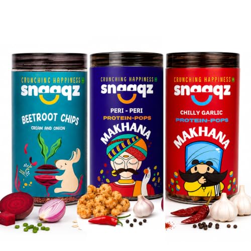 Image of Snaaqz Supergrain Snacks Combo 290g | Beetroot Chips Cream & Onion, Chilly Garlic Makhana & Peri Peri Makhana | Pack of 3 | High Protein | Baked & Crunchy | Vegetarian | Low-Calorie | Healthy Snacks for Adults & Kids