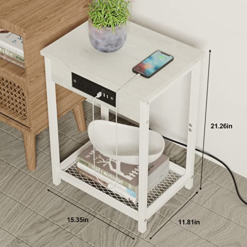 Nightstand With Charging Station, White End Table With Usb Ports And Ac Outlets, Modern Small Bedside Nightstand Table Record Player Stand Table For Bedroom, Living Room, Dorm Room #TOP2