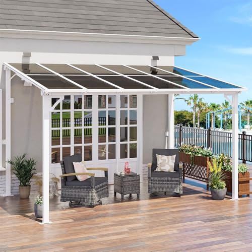 MEISSALIVVE 8' x 12' Wall Mounted Lean to Metal Awnings with Sloped Roof, Outdoor Patio Gazebo Awning for Backyard, Deck, White