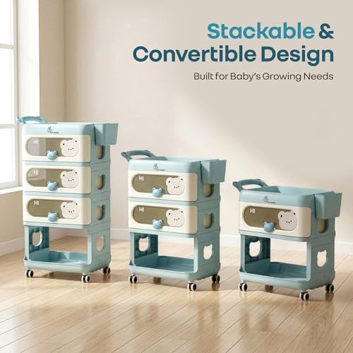 Image of R for Rabbit Kiddo Korner Bear Baby Organiser with Drawers & Wheels | Kids Toy & Clothes Storage with Open Shelf & Side Basket | Easy Plug N Play Installation with Lockable 360 Wheels (Blue Cream)