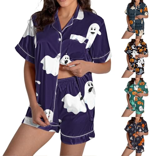 HUIFUAO - Conjunto de pijama de Halloween para mujer, divertido disfraz de calabaza fantasma, disfraz de Halloween, pijama de satén de talla grande, 2 piezas, ropa de dormir de esqueleto, camisas de
