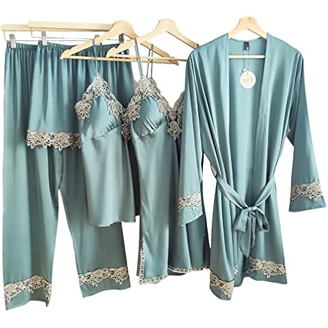 Laura Lily Ladies Satin Silky Plain Lace Pyjamas 5 Piece Set, Green Grey, M Cover