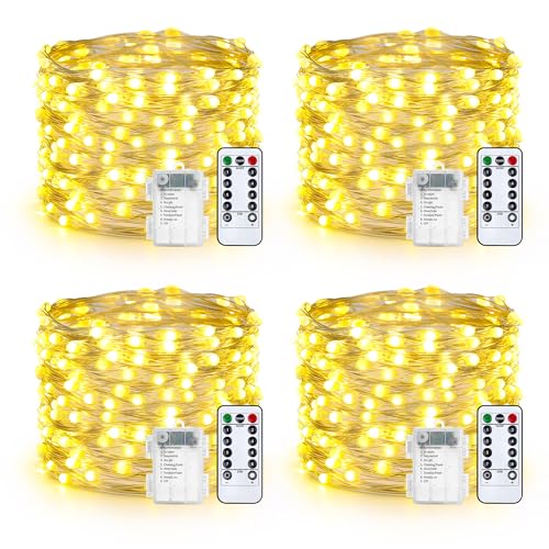 Qedertek Catena di Luci per Esterni a Batteria - 4 Pezzi 100 LED Filo d'Argento Micro Catena Luminosa Impermeabile 10M Catena di Luci per Albero di Natale Bianco Caldo con Telecomando per Esterni