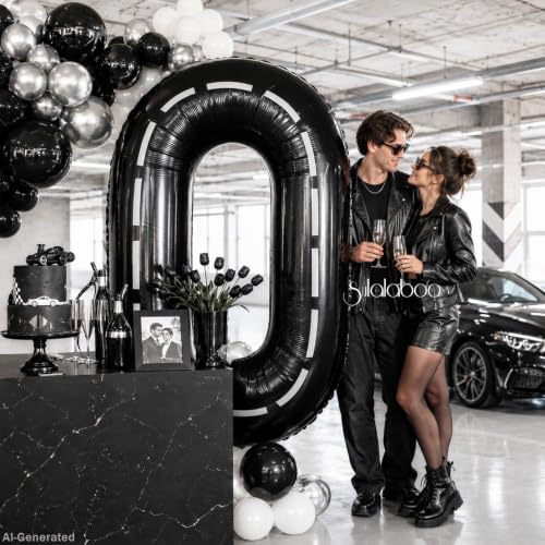 Image of Race Car 40 Inch Black 0 Big Balloon Number Large Helium 0-9 | Track Giant Digital 0th Foil Mylar Party Balloons for Men Birthday Car Theme Party Anniversary Graduation Decorations