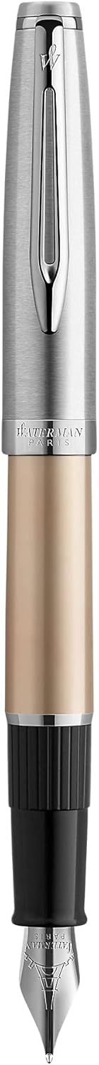 Waterman Emblème Deluxe Fountain Pen, Gold with Chrome Trim, Fine Nib with Blue Ink Cartridge, Gift Box
