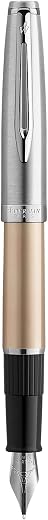 Waterman Emblème Deluxe Fountain Pen, Gold with Chrome Trim, Fine Nib with Blue Ink Cartridge, Gift Box