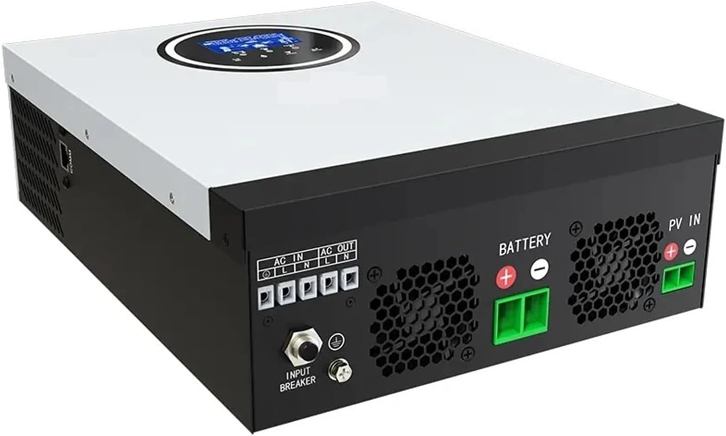 Side view of the hybrid solar inverter showing AC IN, AC OUT, BATTERY, and PV IN connection terminals, along with an input breaker.