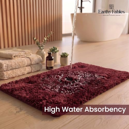Image of Earthy Fables Plush Microfiber Bath Mat, Quick Dry, Anti-Skid, Water Absorbent, Non-Slip, Machine Washable Floor Rug, Shower Mat, Door Mat for Bathroom, Bedroom, 75 x 45 cm - Wine