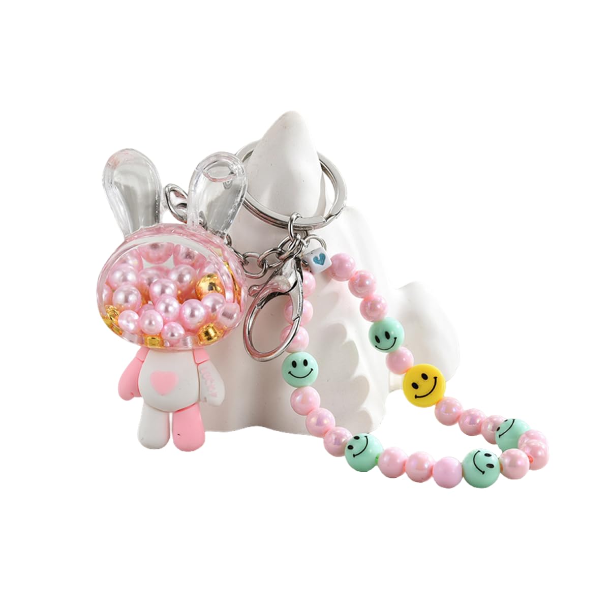 ZDHC Liquid Quicksand Rabbit Keychain Kawaii Cute Bunny Keyring with Smile Face Beads Wristlet Car Bag Charm for Women Girls