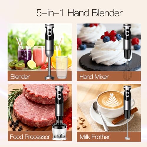 MegaWise Blender Handheld 12-Speed Stainless Steel Electric Hand Blender, 5 in 1 Immersion Handheld Blender,Titanium Blades Hand Blender, Milk Frother Wand,with 600ml Whisk Beaker and Chopper (black) image 3