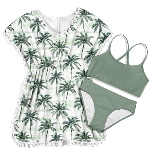 Image of Goodstoworld 7-12Y Girls 3 Piece Cover Up Swimsuit Hawaiian Bikini Bathing Suit with Pompom Tassel