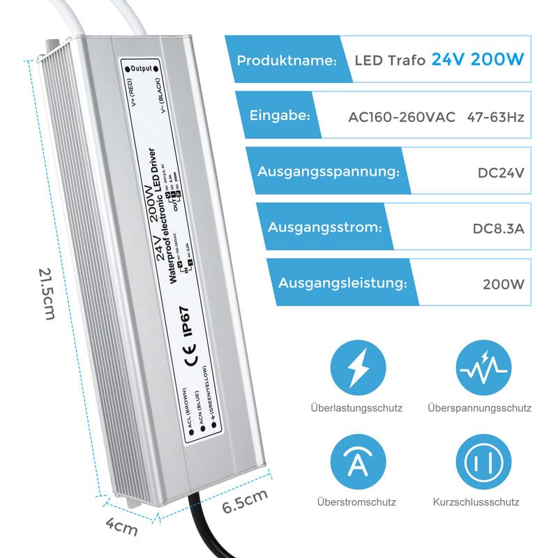 Trasformatore LED 24 V 200 W IP67, trasformatore impermeabile per esterni, con spina, alimentatore a LED, driver da 230 V a DC 24 Volt, adattatore LED Driver esterno per luci LED
